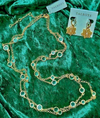 CONJUNTO DE COLAR E BRINCOS TALBOTS LONGO OURO E PEDRA CRISTAL DELICADO CINTILANTE (NOVO COM ETIQUETAS) - Imagem 1 de 2