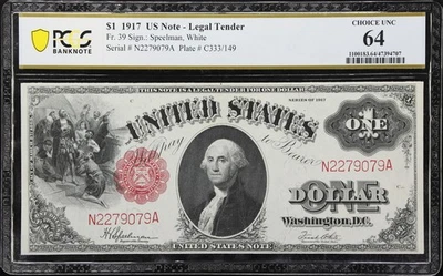 Fr. 39. 1917 $1 Legal Tender Note. PCGS Banknote Choice Uncirculated 64 - Image 1 of 2