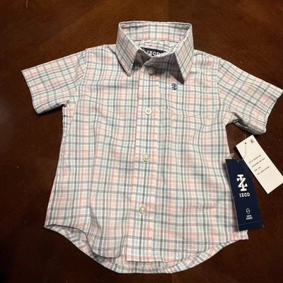 Izod рубашка для мальчиков размер 12 месяцев белый синий клетку пуговицы младенца эластичной новый с Ярлыками - Изображение 1 из 4