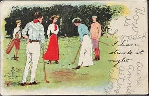 TWO COUPLES PLAY GOLF  w CADDY-I HAVE STRUCK IT RIGHT-GOLF COMIC POSTCARD-SPORTS - Picture 1 of 2