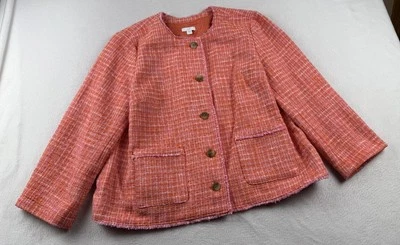 Chaqueta de tweed grande para mujer J Jill ribete deshilachado botón delantero blazer rosa coral usada en excelente estado Foto 1 de 4