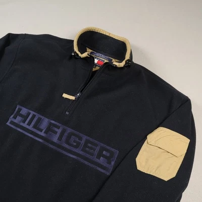Pulôver de lã vintage Tommy Hilfiger masculino médio 1/4 zíper bordado soletrado - Imagem 1 de 4