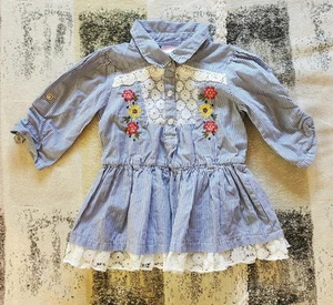 Little Lass Blue White Striped Collared Lace Floral Little Girls Dress 2T - Picture 1 of 7