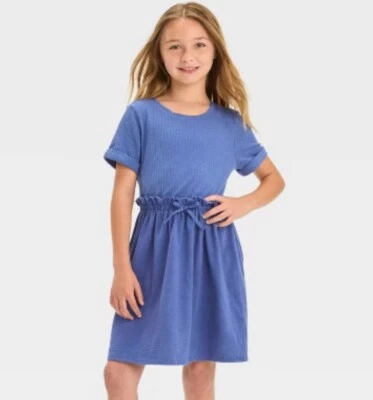 Cat & Jack Girls Soft Short Sleeve Jersey Knit Dress Blue Size XS 4-5 NEW - Image 1 of 4