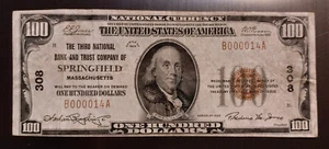Billete de banco nacional Springfield MA 1929 $100 raro serie muy baja #14 - Imagen 1 de 2