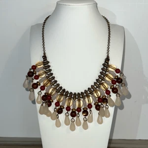 Liz Claiborne Tribal Beaded Necklace Gold Tone Fringe Bib Pink White Glass Bead - Picture 1 of 8