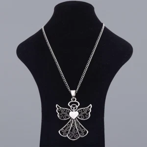 Tibetan Silver Large Hollow Open Guardian Angel Pendant Necklace on Long Chain