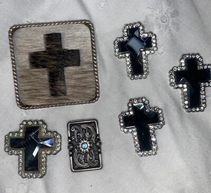 Cow Hide Black Stone 7 pc vintage silver tone screw on embellishments crosses - Picture 1 of 9