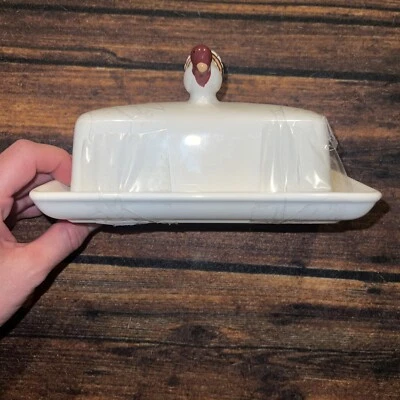 POTTERY BARN CERAMIC GOBBLE COVERED BUTTER DISH WITH TURKEY KNOB Thanksgiving - Image 1 of 4