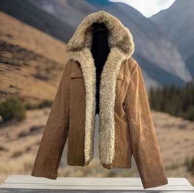 Maurices винтажный искусственного меха с подкладкой вельветовая куртка женщин L желтовато-коричневый с капюшоном шерпа молнии - Изображение 1 из 4