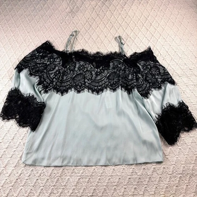 Alice + Olivia Dusty Aqua Black Lace Cold Shoulder Bell Sleeve Silk Top L NWT - Image 1 of 4