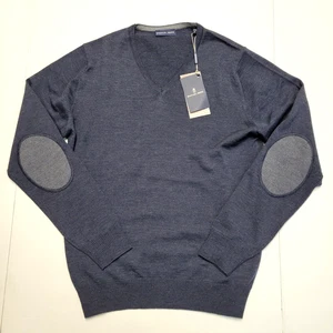 $265 New EMANUEL BERG V Neck Sweater MEDIUM M EU 50 Navy Elbow Pad MERINO WOOL - Picture 1 of 6