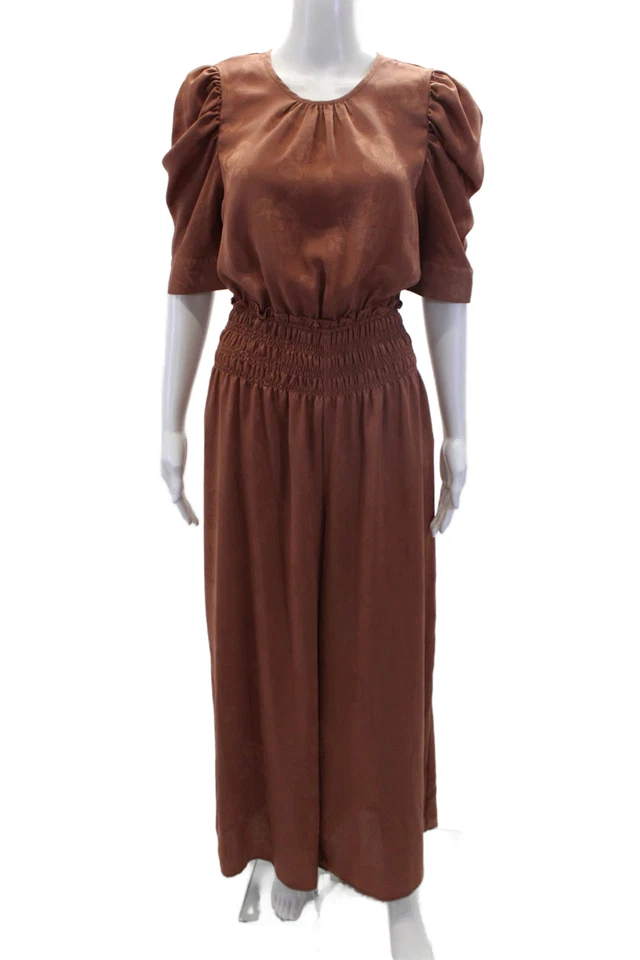 Current Air Womens Short Puff Sleeve Cinched Wide Leg Jumpsuit Brown Size S - Image 1 of 4