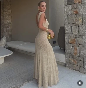 ZARA NEW WOMAN ASYMMETRIC LONG LACE DRESS SHEER OPENBACK BEIGE 1058/160/748 M - Picture 1 of 14