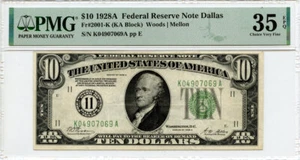 Billete de 10 dólares de la Reserva Federal de Dallas, TX 1928A Fr#2001-K elección PMG muy fino 35 EPQ - Imagen 1 de 2