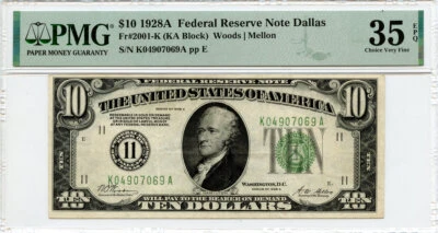 1928A $10 Dallas, TX Federal Reserve Note Fr#2001-K PMG Choice Very Fine 35 EPQ - Image 1 of 2