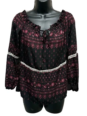 Rue 21 Black/Plum Paisley/Floral 3/4 Sleeve Blouse Size Small Boat/tie/ruffle - Image 1 of 4