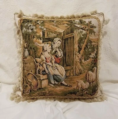  Vintage Tapestry Pillow Cover, Women Animals Dog Cat, Gold Green, Custom Made - Image 1 of 4