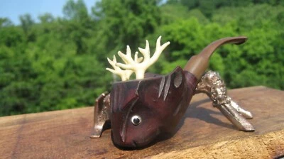 Vintage Italian Briar Deer Head Carved Smoking Pipe Antlers Eyes Italy 5." L - Image 1 of 4