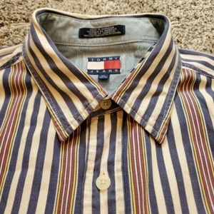 Camicia Tommy Jeans vintage anni 90 uomo XL rosso bianco blu a righe logo abbottonato - Foto 1 di 15