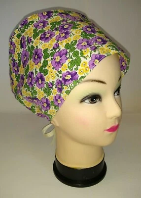 Purple/Yellow Floral Print Euro Style 100% Cotton Scrub Hat/Cap Medical USA NWOT - Image 1 of 4