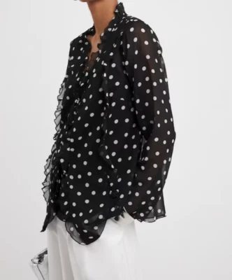 JD WILLIAMS LADIES BLACK SPOT TIE DETAIL RUFFLE BLOUSE NEW (ref 130) SALE