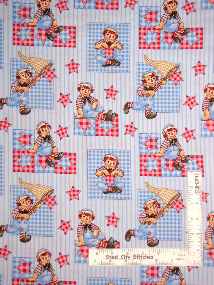 Raggedy Andy Fabric Stars Blue Stripe RETIRED Cotton SPX Fabrics By The Yard - Image 1 of 1