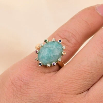 Anillos de diamantes de imitación de amazonita verde real enchapado en oro anillo de piedras preciosas de latón Foto 1 de 4