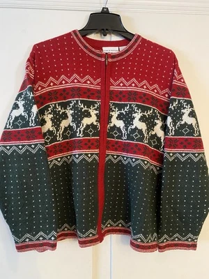 Cardigã suéter feminino vintage XL lã com zíper ilha justa vermelho verde renas anos 90’ - Imagem 1 de 4