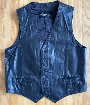 Винтажный 90-х WILSONS кожаный жилет * размер 42 * черный мужской кнопка спереди мотоциклиста жилет - Изображение 1 из 4