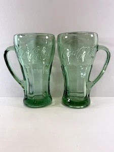 Vintage COCA COLA Libbey Heavy Thick Green Glass Mug With D Handle Set of 2 - Picture 1 of 8