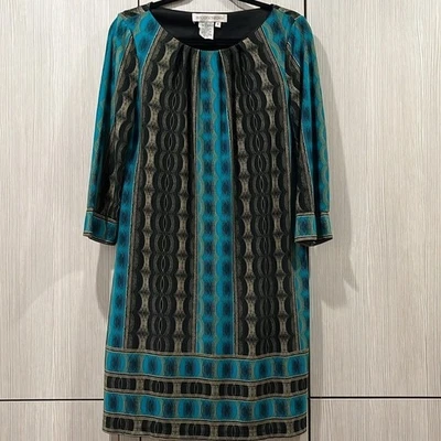 Maggy London | Geometric Black & Aqua Shift Midi Dress | Women's Size 8 - Image 1 of 4
