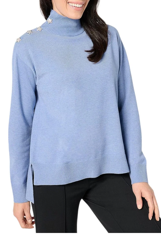 Suéter de cuello alto Peace Love World para mujer con botones de estrella azul Foto 1 de 1