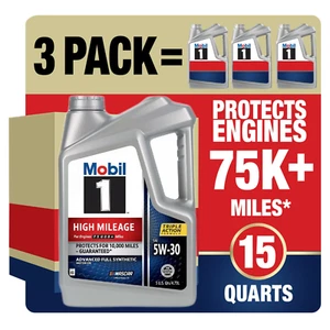 Mobil 1 High Mileage Full Synthetic Motor Oil 5W-30, 5 Quart,(3 PACK)(15 Quarts) - Picture 1 of 11