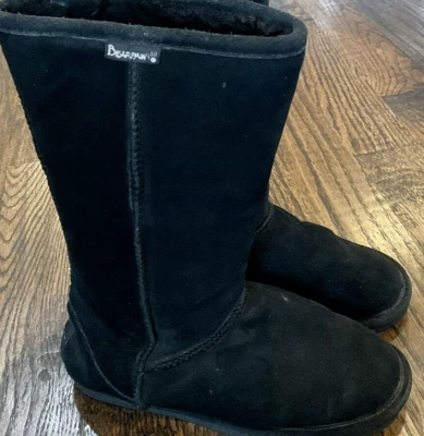 Ugg Bearpaw Black Leather Suede Sheepskin Wool Flat Tall BOOTS - Women's Sz 8 EV - Image 1 of 4