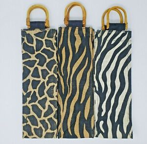 Burlap Wine Tote Bags Set Of 3 Animal Print With Wooden Handles NICE!