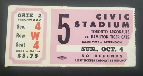 1970 Civic Stadium Toronto Argonauts vs Hamilton Tiger Cats CFL Ticket Cover
