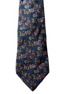 Salvatore Ferragamo Silk Neck Tie Blue Horses Print 100% Silk Made in Italy - Picture 1 of 6