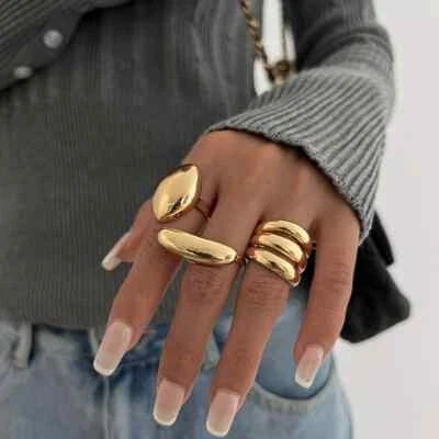 Exaggerated Metal Ring Set For Women Men Punk Geometric Knuckle Style 3pcs - Image 1 of 4