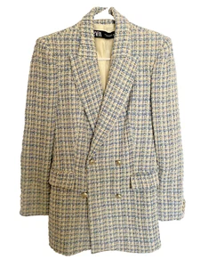 Damen ZARA Struktur Tweed Zweireiher Blazer Jacke Größe M Blau Weiß - Bild 1 von 5