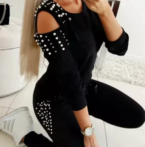 WOMEN'S RHINESTONE 2 PIECE COMPLETE JUMPSUIT SWEATSHIRT PANTS - Picture 1 of 6