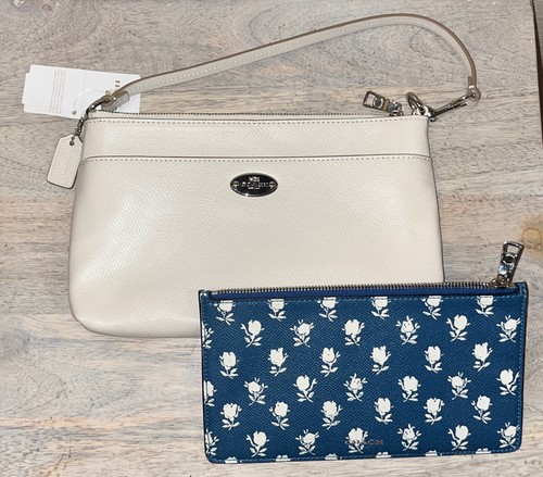 NWT COACH 2 in 1 LEATHER IVORY BLUE FLORAL POP POUCH WRISTLET PURSE SET $165 NEW