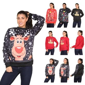 Womens Christmas Ladies Xmas Reindeer Printed Crew Neck Long Sleeve Sweatshirt - Picture 1 of 11