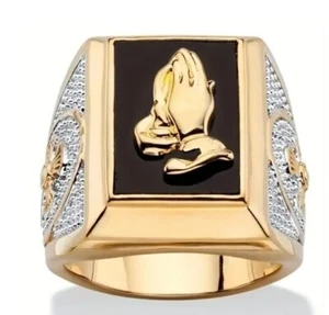 Men's Genuine Black Onyx Gold-Plated Praying Hands Ring - Picture 1 of 2