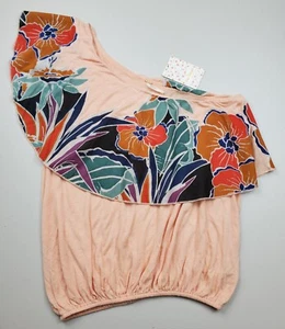 New Free People Annka Bubble Peach Floral One-Shoulder Top Blouse Women's Sz XS - Picture 1 of 10