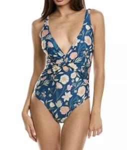 NWT Nicole Miller One Piece Twist Front Deep Neck Swimsuit Antique Floral M $98 - Picture 1 of 5