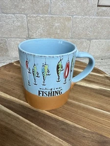 Spectrum Designz 18 oz Ceramic Coffee Tea Mug Wishing I Was Fishing Hooks Lures - Picture 1 of 6