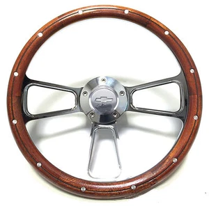 Chevrolet Billet & Mahogany Steering Wheel Kit, Chevy Logo Engraved Horn - Foto 1 di 4