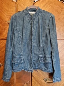 Dana Buchman Size 6 Denim Frayed Trim Open Front Hook Eye Mandarin Collar Blazer - Picture 1 of 8