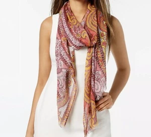 $39 Echo Burnie Paisley Woven Fringe Scarf Hibiscus Pink Orange 24" x 80" T10 - Picture 1 of 8
